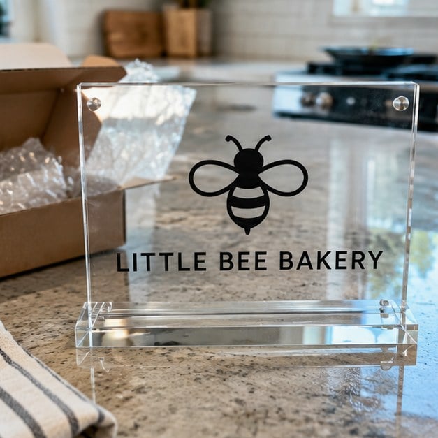 Customer photo of a custom tabletop acrylic sign
