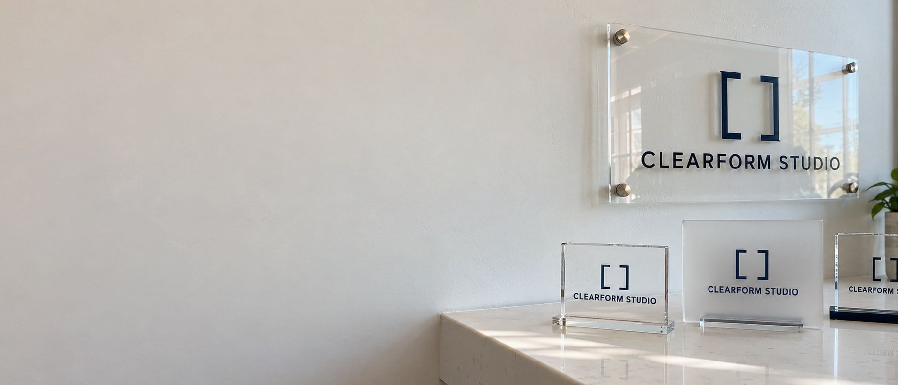 Custom acrylic signs and tabletop stands with logos on a white counter